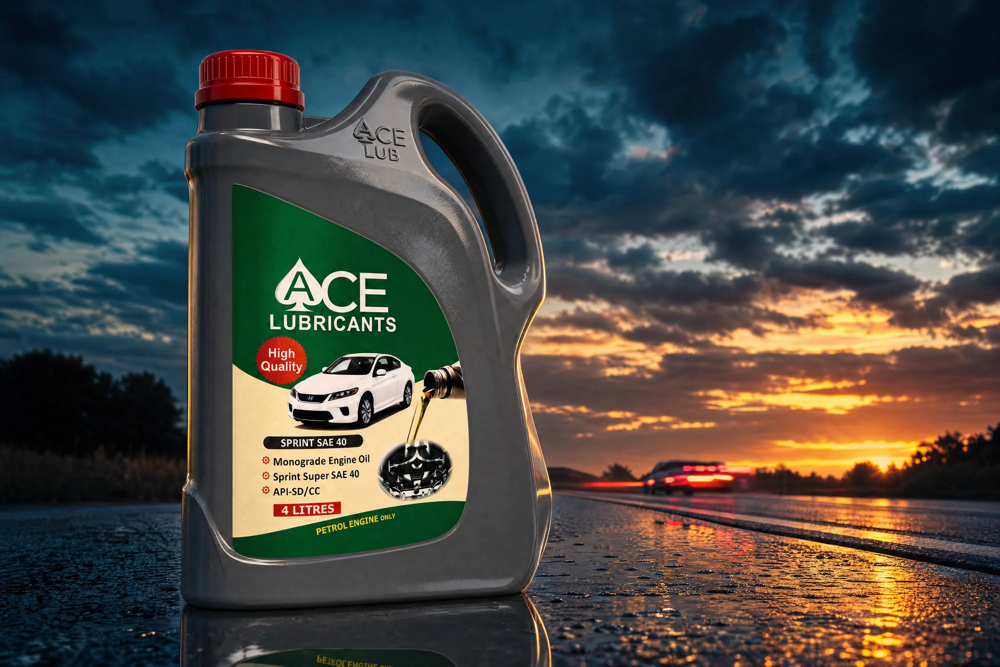 Ace Sprint SAE 40 jerrycan on a wet road at sunset