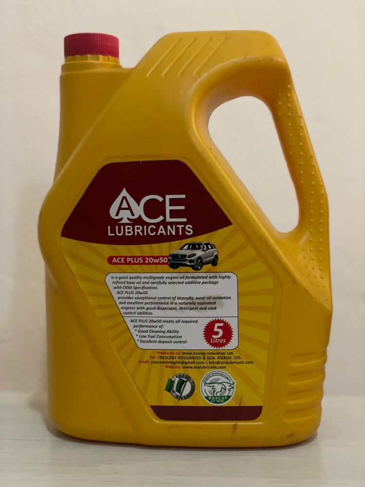 Back label of Ace Plus 20W-50, 5 litre