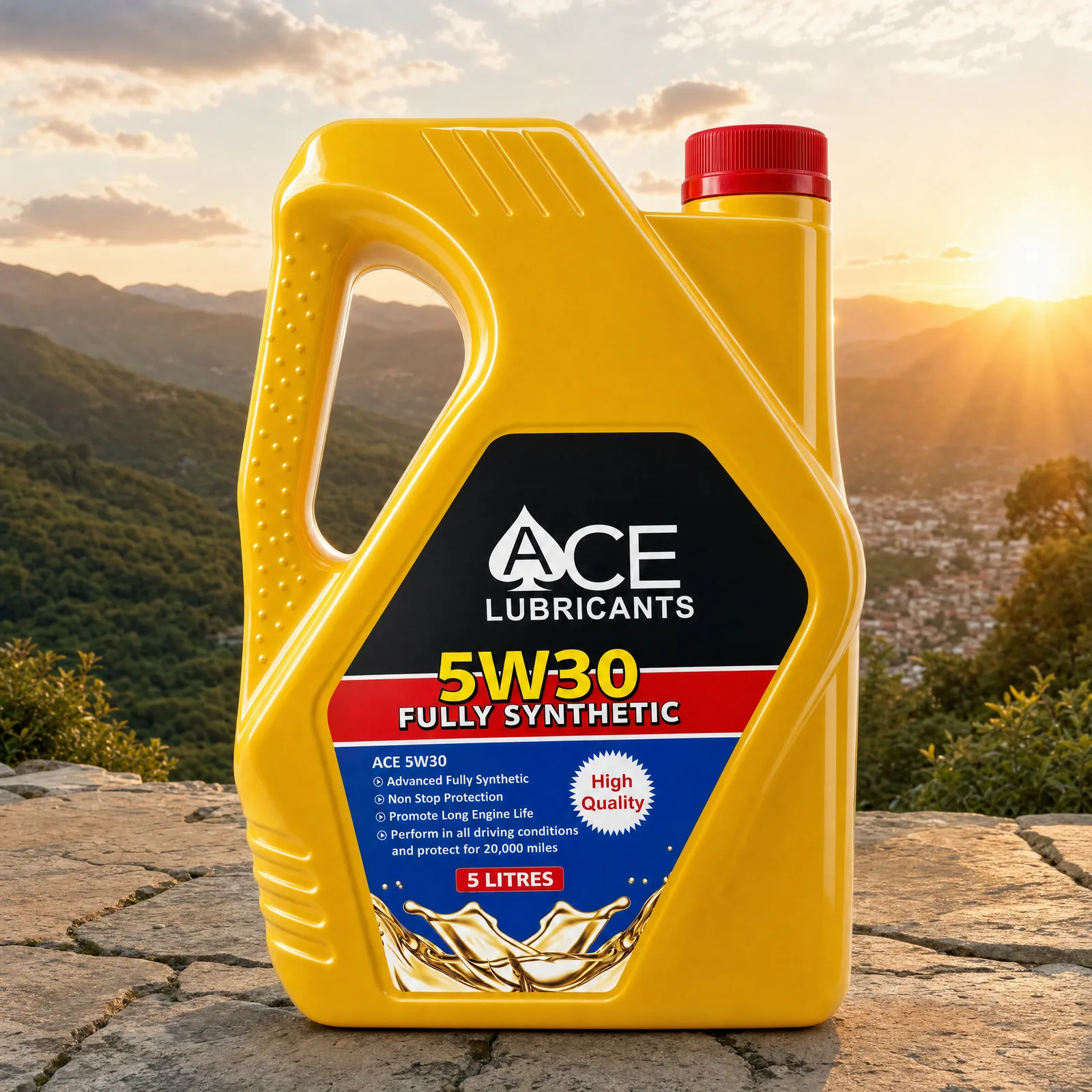 Ace 5W-30 Fully Synthetic jerrycan on a stone terrace above hills at sunset