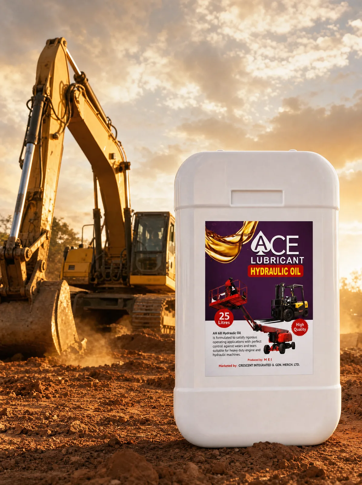 Ace Hydraulic Oil AH 68 container in front of an excavator on a construction site
