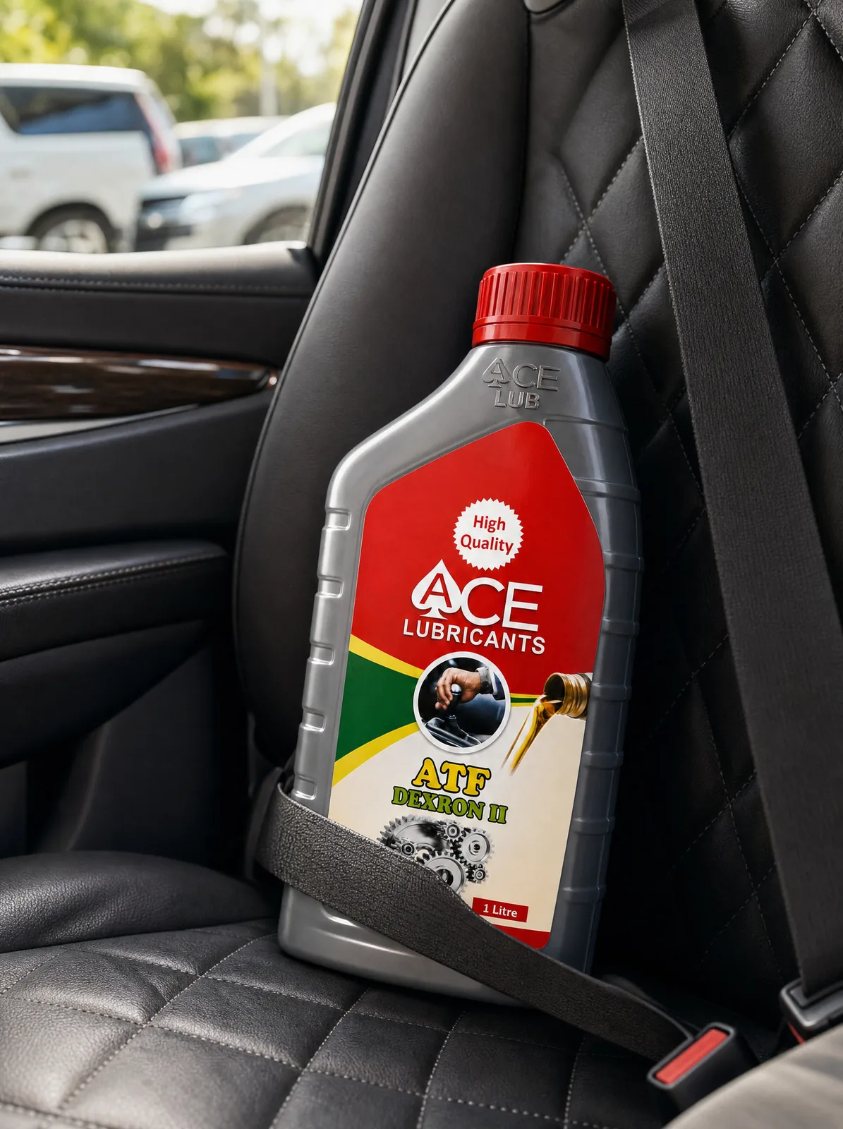 Ace ATF Dexron II bottle strapped into a leather car seat