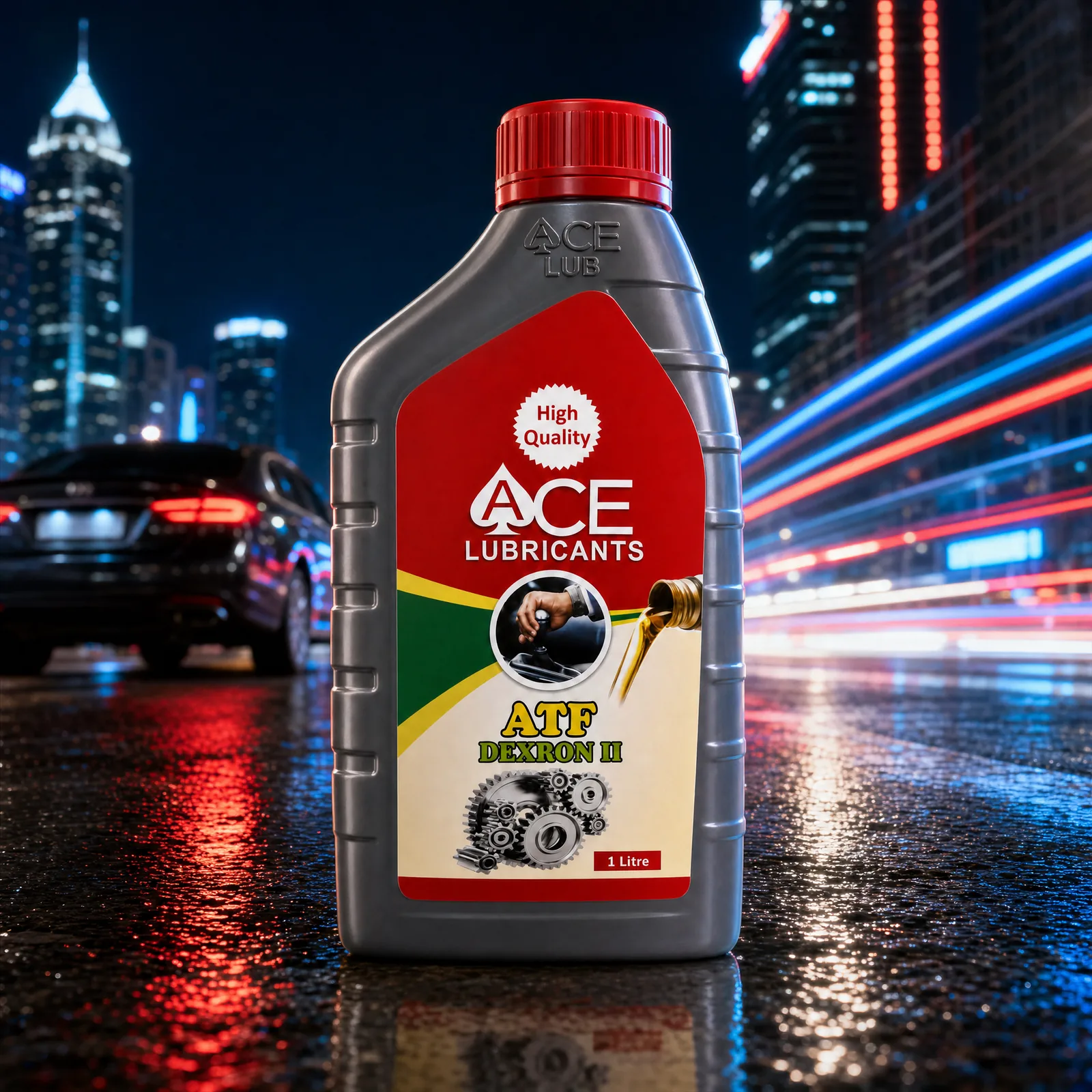 Ace ATF Dexron II bottle on a wet street at night