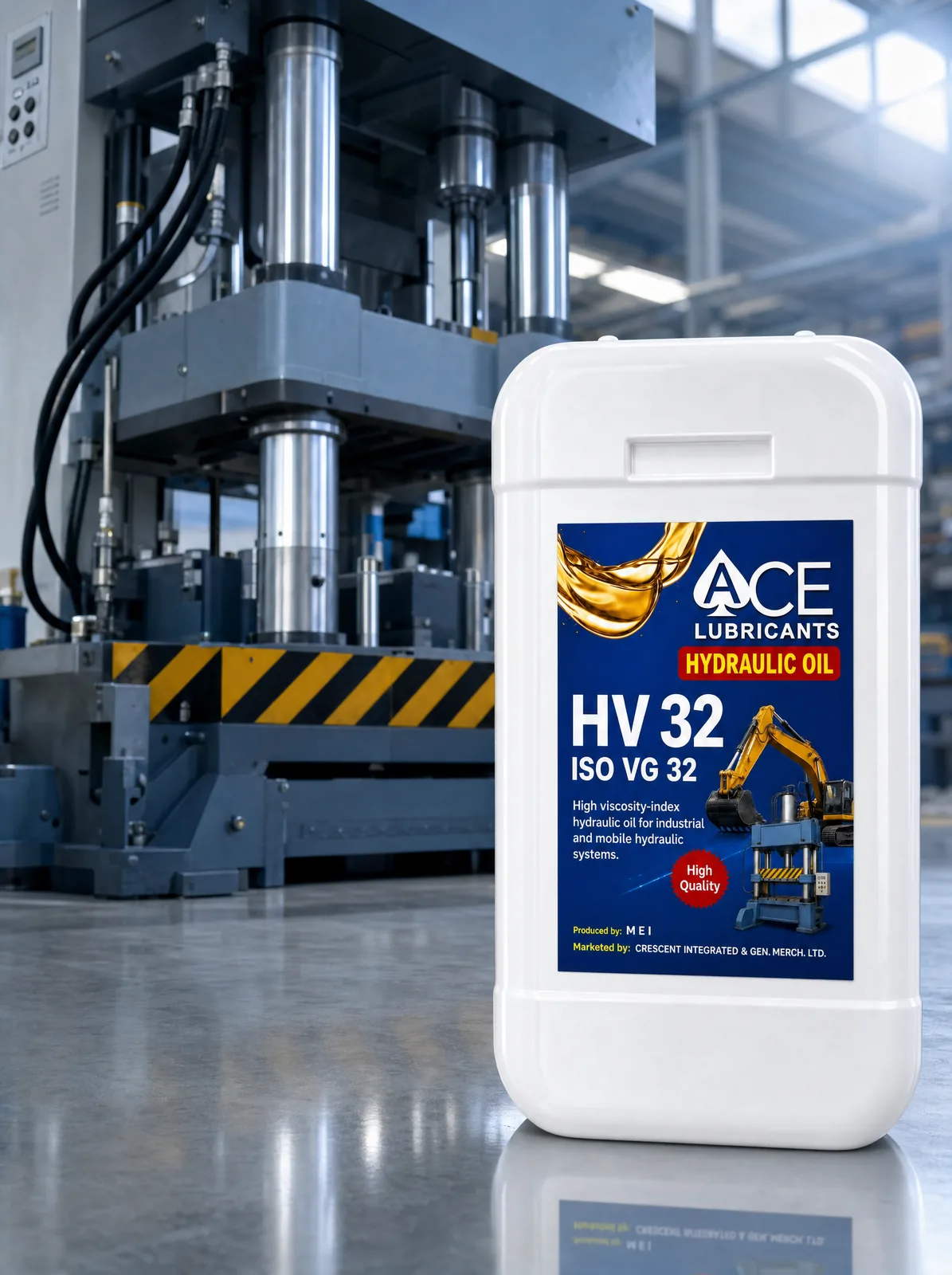Ace Hydraulic Oil HV 32 container beside a hydraulic press in a factory