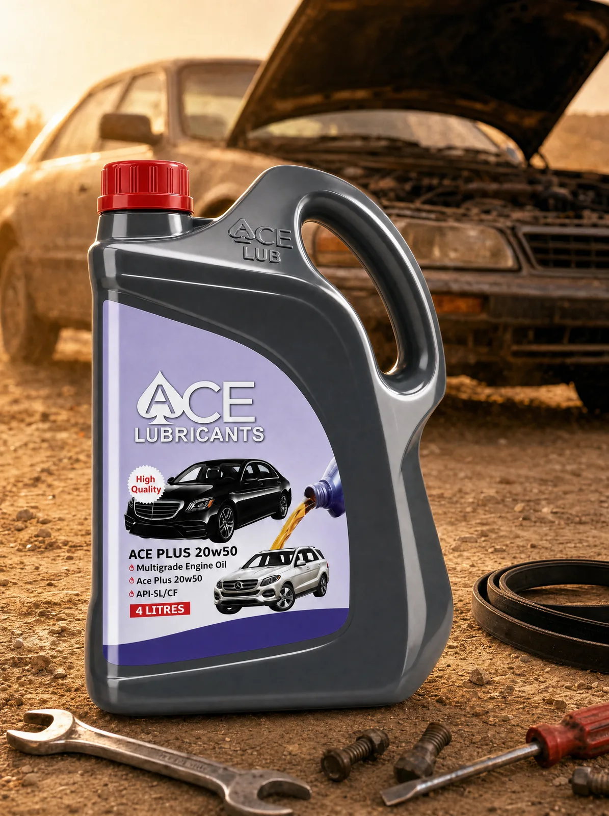 Ace Plus 20W-50 jerrycan on dusty ground beside an open car bonnet and tools