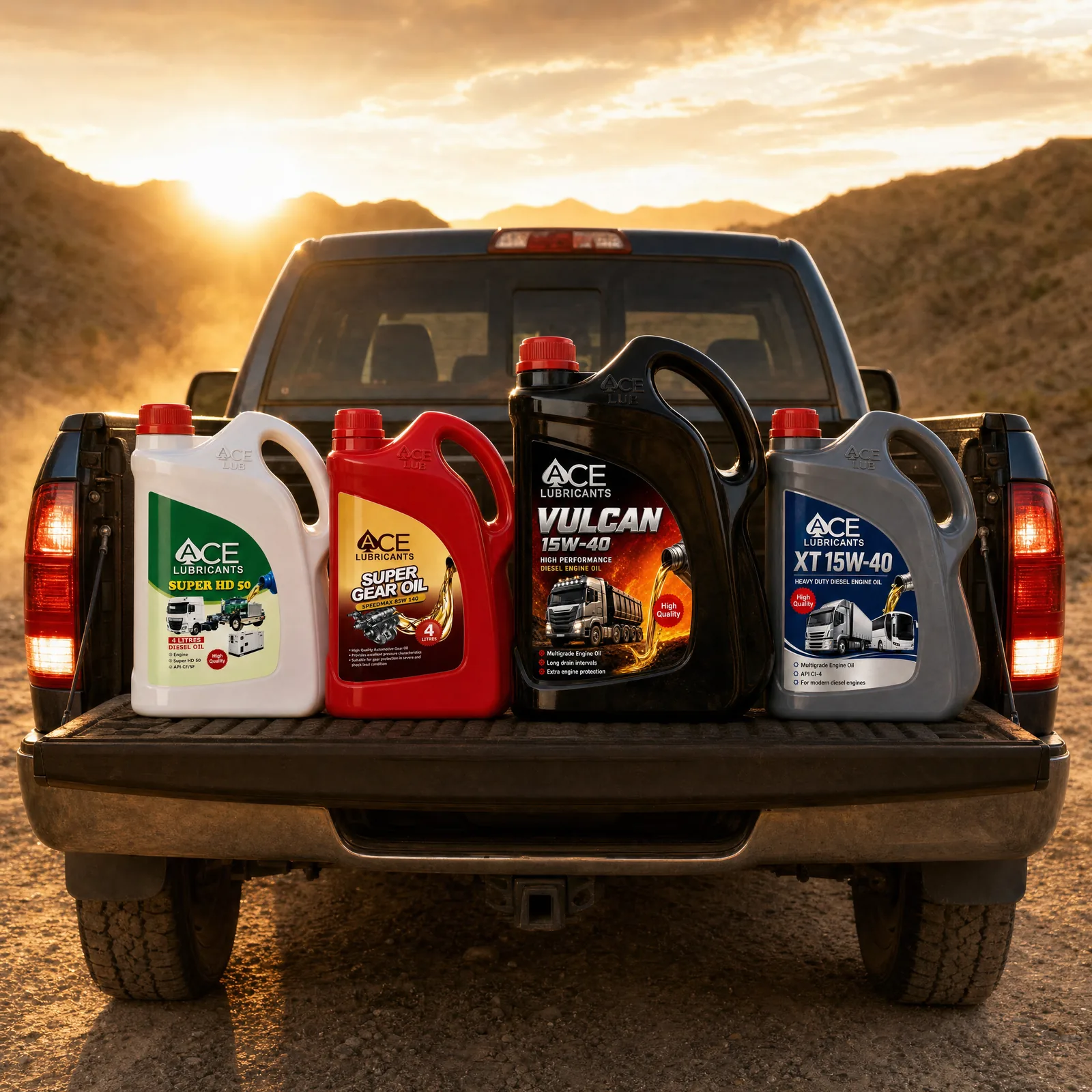 Ace Super HD 50, Speedmax 85W-140, Vulcan 15W-40 and XT 15W-40 on a pickup tailgate at sunset