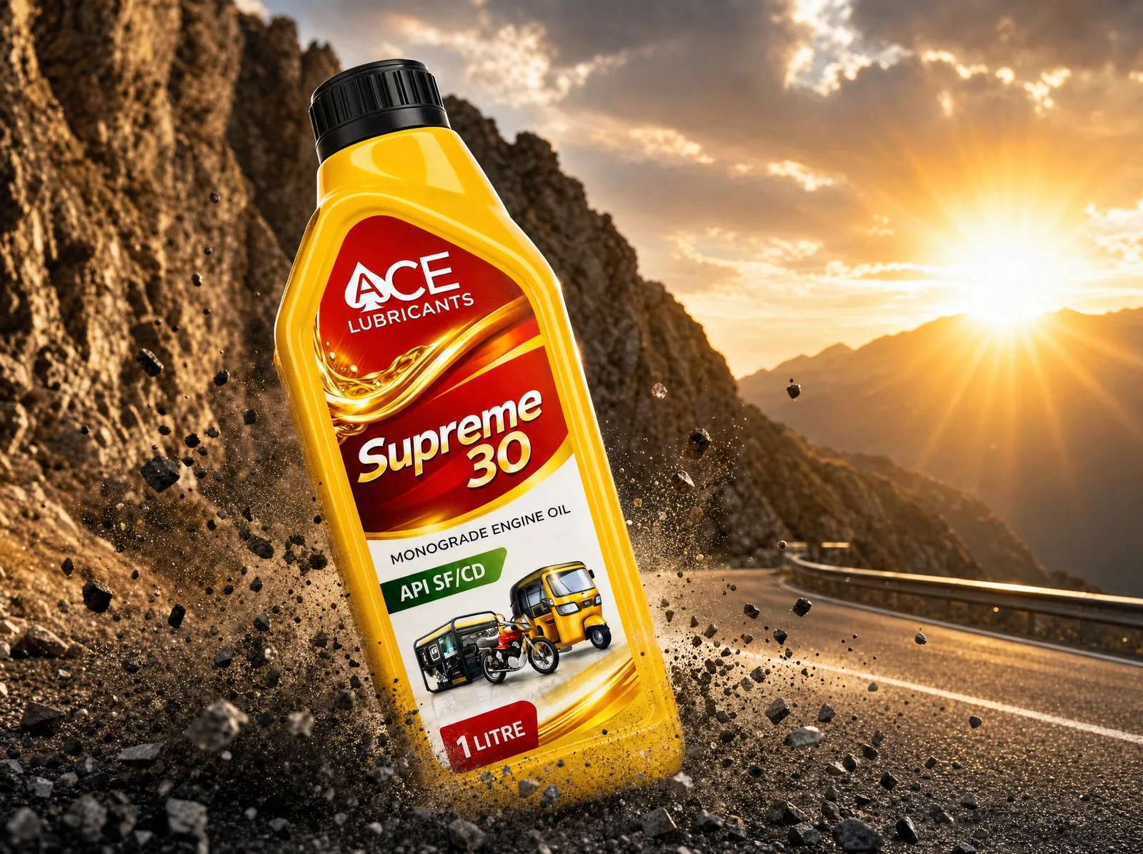 Ace Supreme 30 bottle landing on a mountain road in a burst of gravel