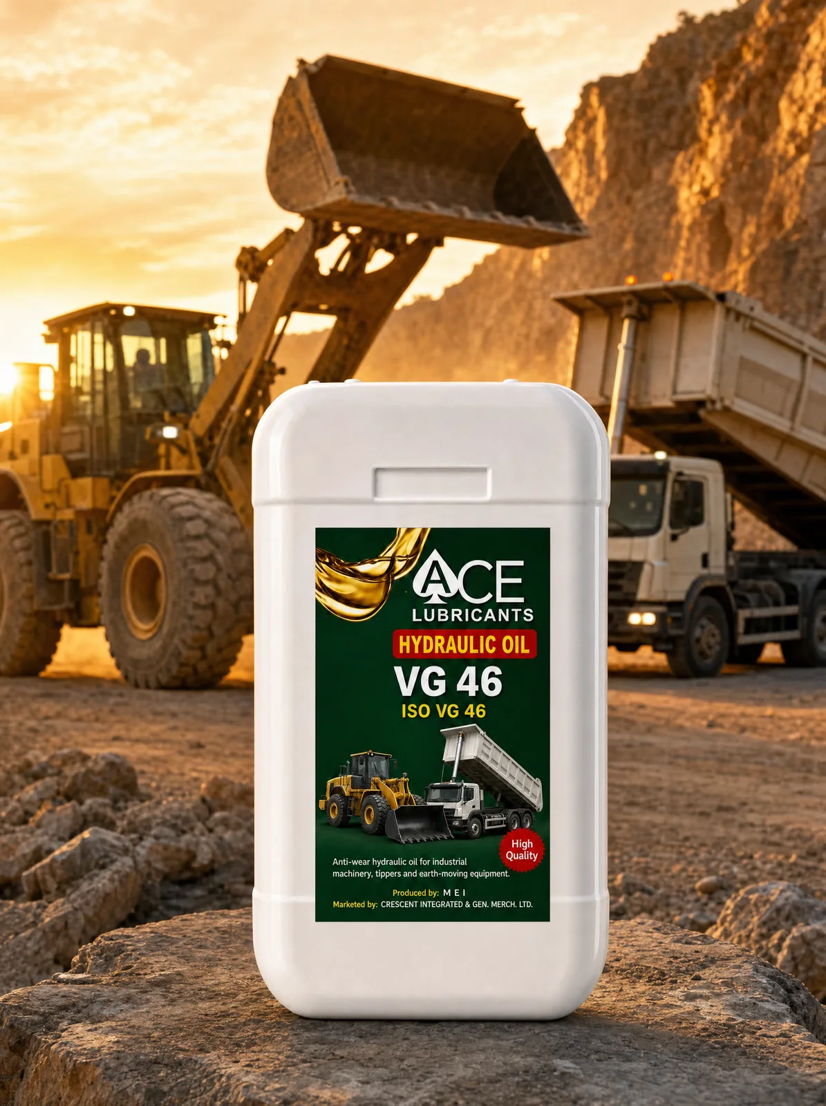 Ace Hydraulic Oil VG 46 container in a quarry with a wheel loader at sunset