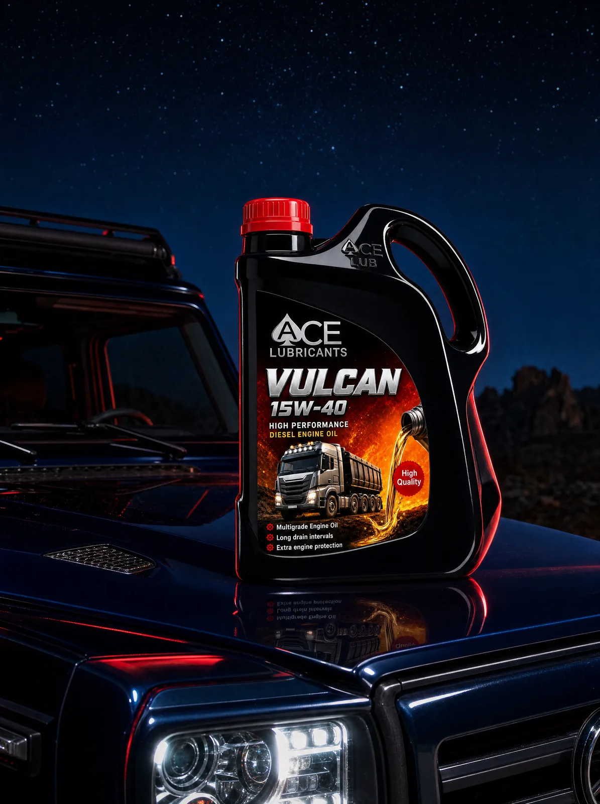Ace Vulcan 15W-40 jerrycan on the bonnet of a 4x4 at night