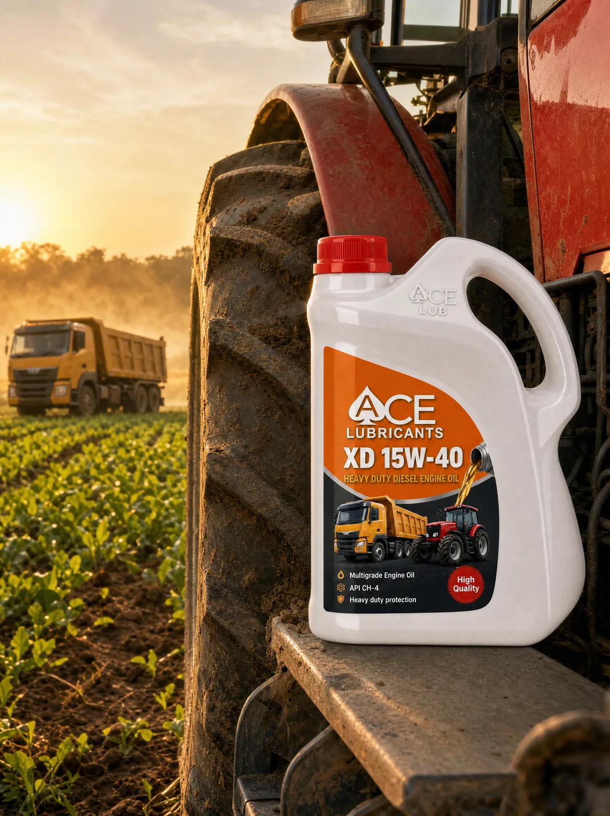 Ace XD 15W-40 jerrycan on the step of a farm tractor at sunrise