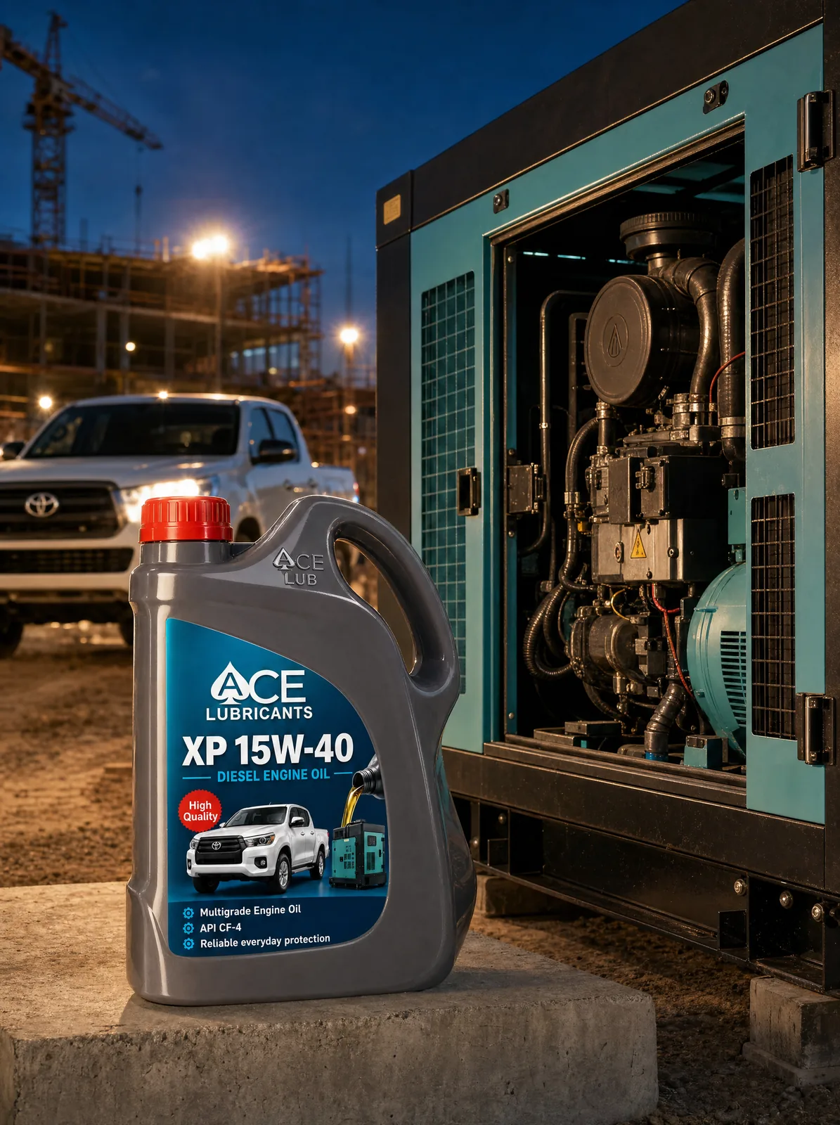 Ace XP 15W-40 jerrycan beside a diesel generator on a building site at dusk