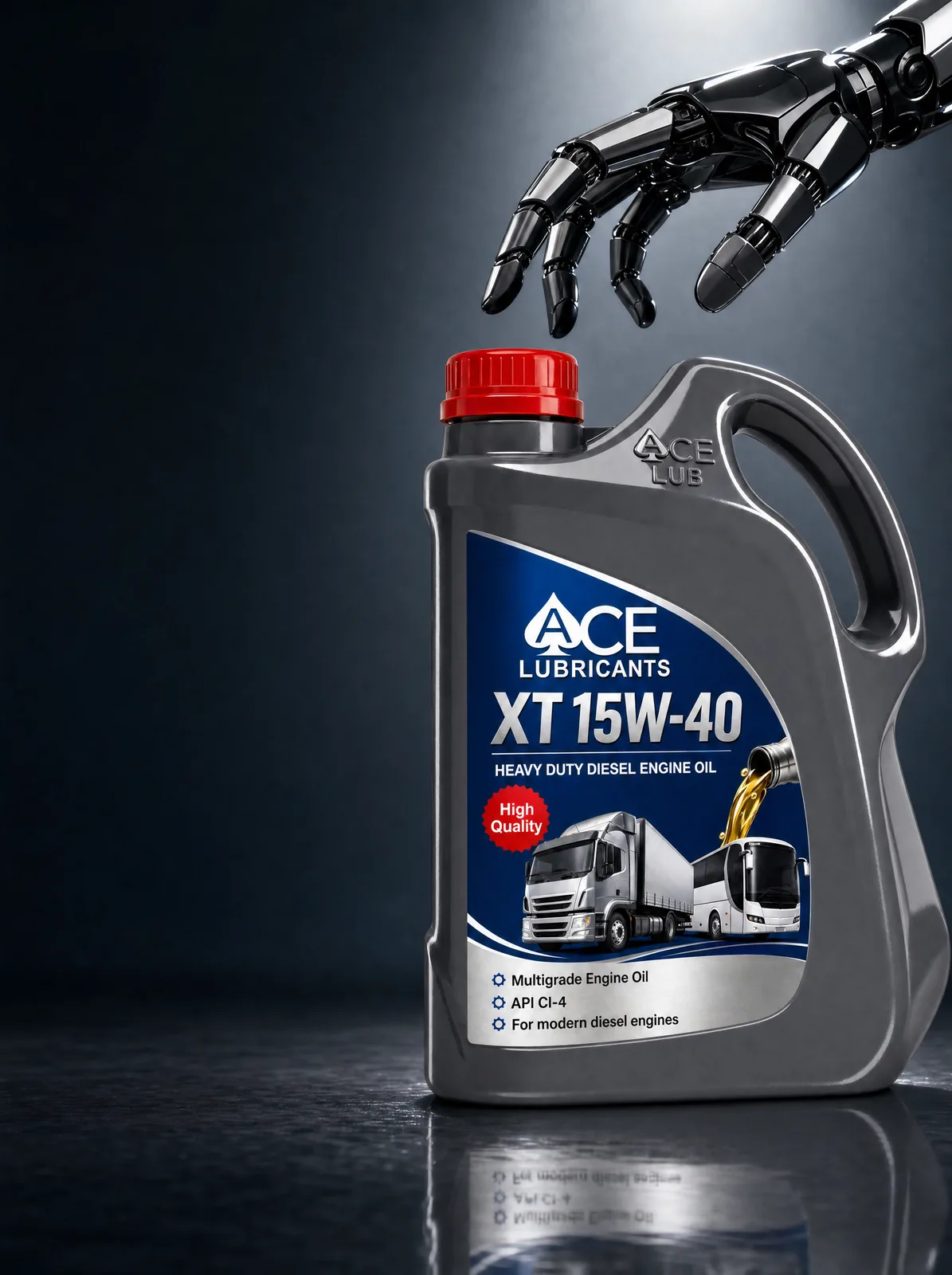 A robotic hand reaching for an Ace XT 15W-40 jerrycan